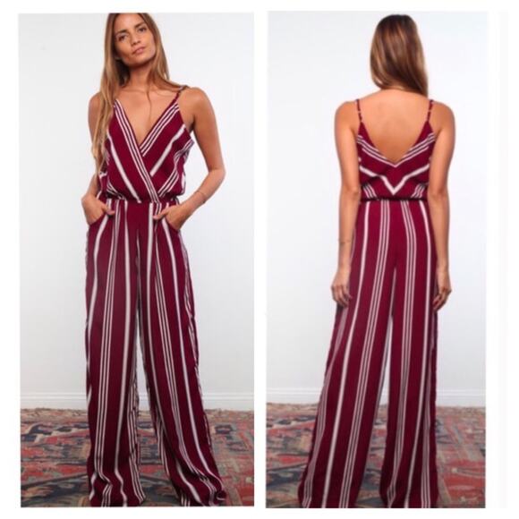 Flynn Skye Burgundy Stripe Wrap Spaghetti Boho Wide Leg Jumpsuit XS - Picture 1 of 12